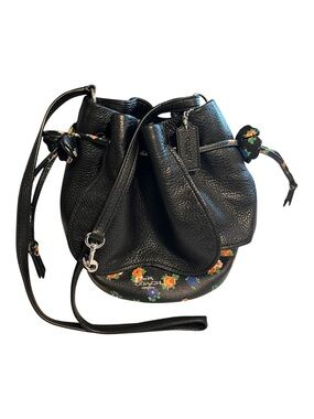 Coach Limited Edition Petal Black Floral Pebbled Leather Drawstring Bucket Bag